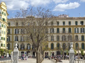 People in a large square with trees and yellow buildings in the background on a sunny day, Malaga,