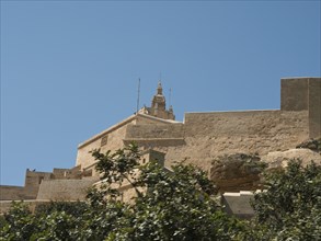 Historic fortress with stone walls and towers, surrounded by vegetation, under a clear blue sky,