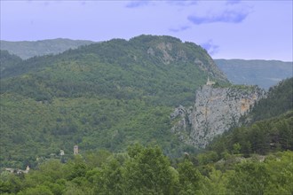 Rock Le Roc with church Notre-Dame-du-Roc, top, on, high, cliff, landscape, mountains, Castellane,