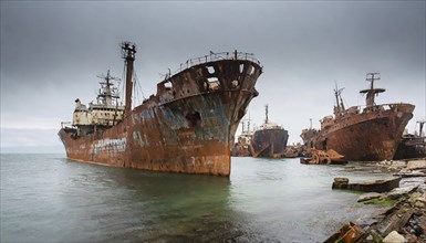 Abandoned, rusty shipwrecks in the water under a cloudy sky, a gloomy and desolate scene, symbol