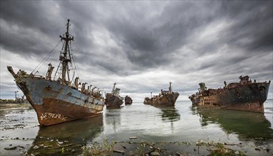 Rusty and decaying shipwrecks in the calm sea, surrounded by clouds and gloomy weather conditions,