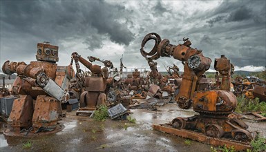 Rusty robots and machines stand haphazardly in an abandoned junkyard under a threatening sky,