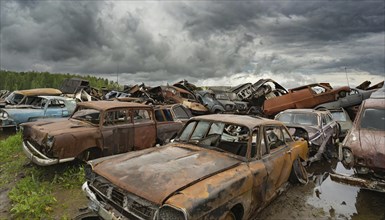Numerous rusty cars standing amidst piles of scrap metal on an abandoned site under a cloudy sky,