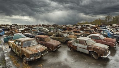 A large number of rusty cars are crowded together in a wet junkyard under a gloomy sky, symbol