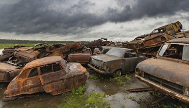 Several heavily rusted cars standing in a muddy junkyard under dark clouds, symbolic photo, AI