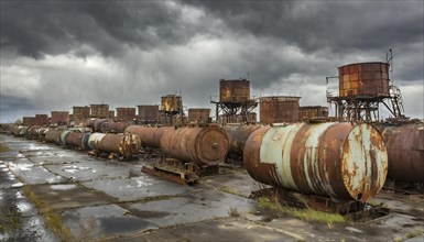 Rusted tanks and pipes in a scrapyard under dark rain clouds, symbol photo, AI generated, AI