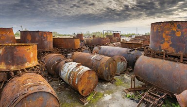 Rusted tanks and metal parts in a scrap yard under a cloudy sky, symbol photo, AI generated, AI