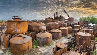 Rusty tanks in a junkyard under a cloudy evening sky, symbol photo, AI generated, AI generated