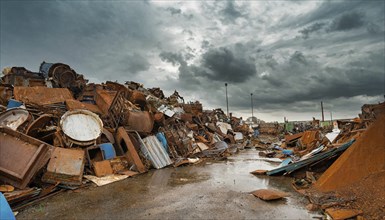 An abandoned junkyard with rusty pieces of metal under a cloudy sky, symbol photo, AI generated, AI