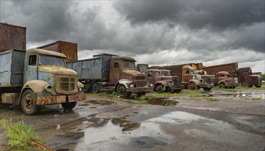 A row of old, rusty lorries in a wet junkyard under a cloudy sky, symbol photo, AI generated, AI