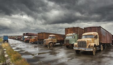 Abandoned, rusty lorries in a scrap yard, it has rained and the sky is cloudy, symbol photo, AI