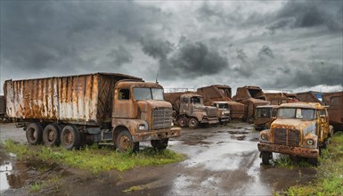 Rusty lorries in a wet junkyard under a dark sky, symbol photo, AI generated, AI generated