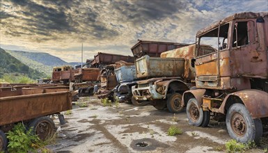 Abandoned, rusting lorries in a scrap yard, surrounded by nature and clouds, symbol photo, AI