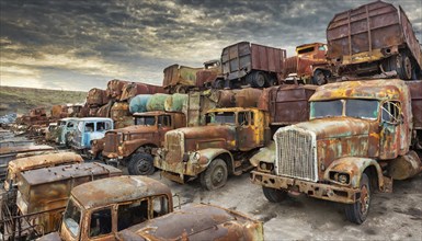 Several old, rusty lorries in a junkyard under a gloomy sky, symbol photo, AI generated, AI