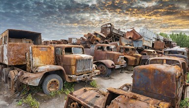 A collection of rusty lorries in a scrapyard, with a dramatic sky in the background, symbol photo,
