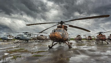 A line of dilapidated, rusty helicopters stands on a wet ground under a dark sky, symbol photo, AI
