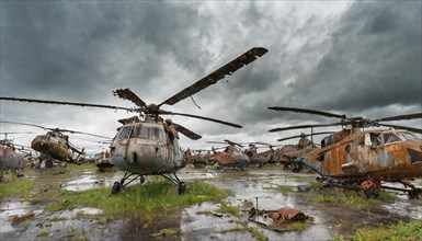 A group of rusty, abandoned helicopters on a wet and overgrown terrain under a cloudy sky, symbolic