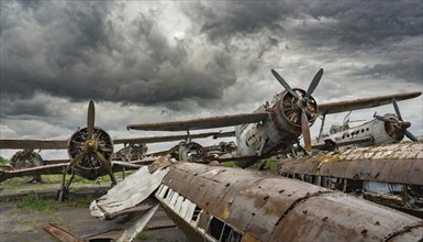 A weathered aircraft with rust and propellers, surrounded by other wrecks under a stormy sky,