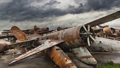 A rusty old aeroplane with propeller standing abandoned in a deserted area under a cloudy sky,