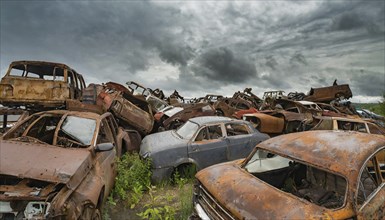 Rusty cars in a junkyard under a dramatic, cloudy sky, symbol photo, AI generated, AI generated