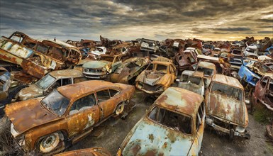 A large pile of rusty cars in a junkyard under a colourful sky at sunset, symbol photo, AI