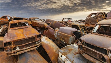 Dilapidated, rusty cars in a junkyard under an atmospheric sky at sunset, symbol photo, AI