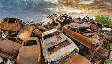 A pile of rusty cars in a junkyard at sunset under a dramatic sky, symbol photo, AI generated, AI