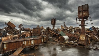 Rusted machinery and metal debris in a scrapyard under a dramatic sky, symbolic photo, AI