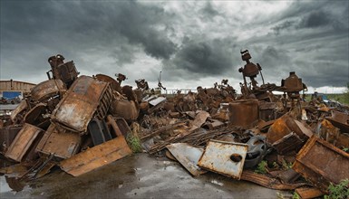 A pile of rusted metal parts in a scrap yard under a gloomy sky, symbol photo, AI generated, AI