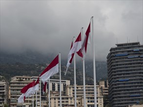 Several red and white flags waving in front of modern buildings and a dense, cloudy sky with