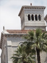 Detailed view of a historic building tower with palm trees in the foreground, monte carlo, monaco,