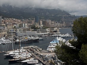 A harbour with many yachts and boats, surrounded by a city and mountains under a cloudy sky, monte