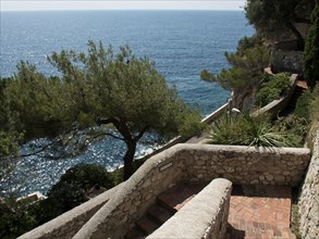 A stone staircase leading along a rocky coastline with trees and a view of the sea, monte carlo,
