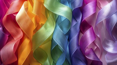 Variety of colorful ribbons including blue, green, yellow, pink, and purple, arranged closely with