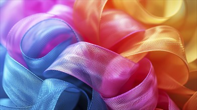 Close-up view of textured colorful ribbons with blue, pink, purple, and orange tones, AI generated