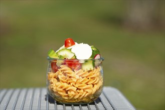 Pasta salad in a bowl, sliced cucumber, tomato, red pepper and cheese, healthy food with