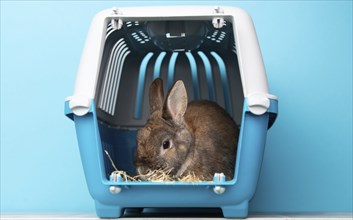 Rabbit in a transport box, pet locked in a cage, taking care of domestic animal, vacation or