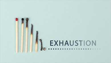 Exhaustion and stress, burnout in hustle culture, low energy, burning matches in a chain, domino