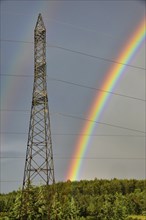 Double rainbow behind a high-voltage pylon, young cedars in the foreground, France, Europe