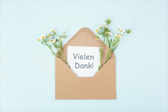 Thank you card, german language, envelope surrounded by spring flowers, being thankful, support,