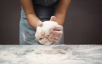 Baker kneading dough for pizza or artisan bread with his hands, prepare ingredients for food,