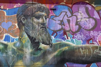 God of Greek mythology, Zeus, large graffiti on building fence, harbour, Gothenburg, Västra