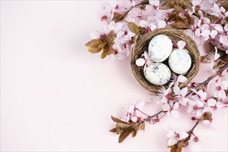 Colored easter eggs in a bwicker nest, pink cherry blossom, holiday background, spring season