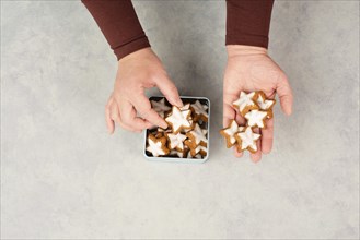 Cinnamon stars, Zimtsterne traditional german christmas cookies in a box, gingerbread with anise