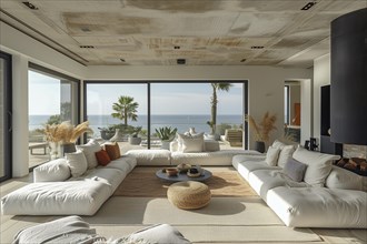 Modern living space in the style of modernism and luxury minimalism in a Mediterranean setting. AI