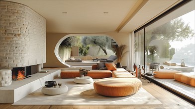 Modern living space in the style of modernism and luxury minimalism in a Mediterranean setting. AI