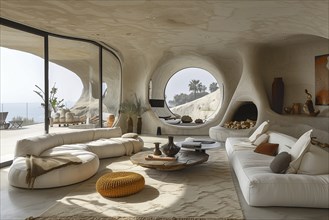 Modern living space in the style of modernism and luxury minimalism. Organic, flowing architecture