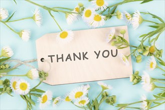 Thank you card surrounded by flowers, being thankful, support, help and charity concept, positive