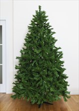 Bare artificial christmas tree in house with white furnishings and oak parquet flooring