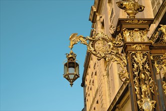Lantern from place Stanislas in Nancy, France, golden streetlight in departement Lorraine, Europe